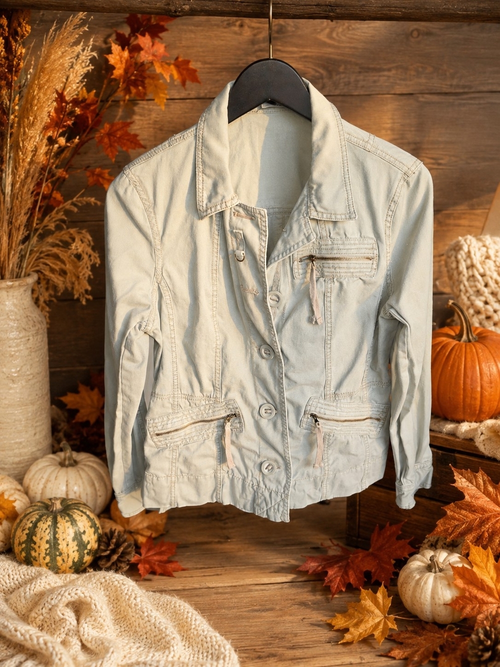 Caribbean Joe Light Sage Utility Jean Jacket with Zip Pockets